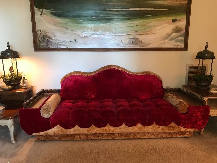 1970's made in Florida Red Velvet Sofa with matching accent chairs, both drip lamps work as well 