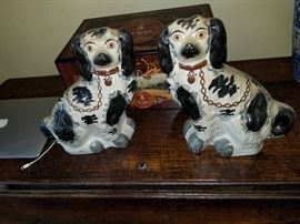 Large Staffordshire Seated white & blue dogs
