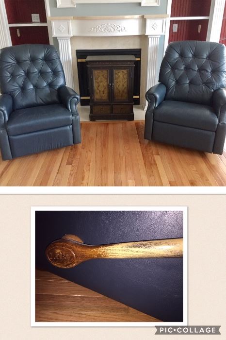 Matching Pair of Navy Lazy Boy ReCliners and Nice Small Cabinet