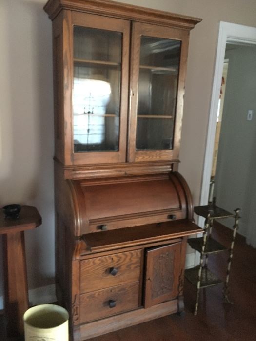 Antique oak rolltop secretary curio desk