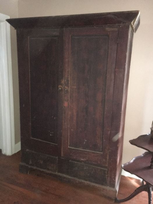 Antique, painted graining, linen press or armoire. Almost primitive;  square nails. Note lose-up picture of graining in next image 
