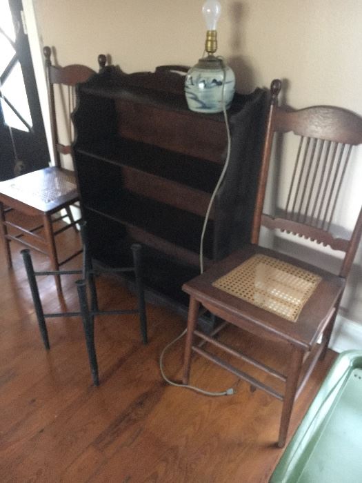  Pair of antique oak chairs with caning 
Three tier bookcase
