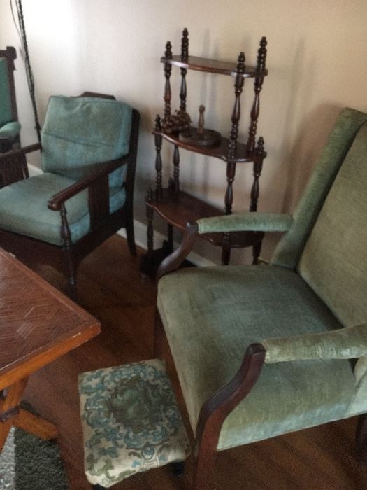 Wonderful vintage chairs along side four tier mahogany table