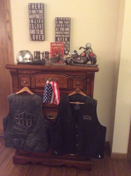 Leather Harley Davidson vests and other motorcycle items
