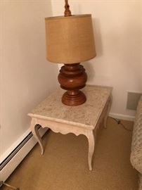 Vintage Turned teak table lamp and vintage rectangular marble top table