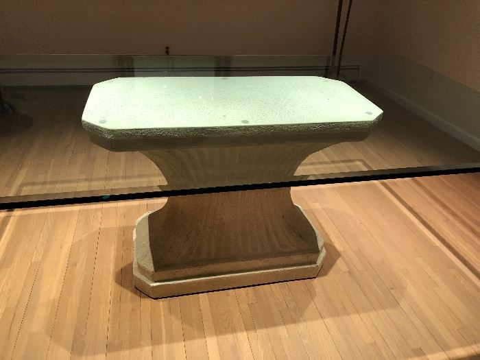Late 20th St. Century Glass top pedestal being used as a dining room table.