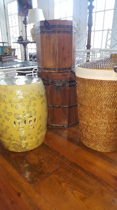 Asian Garden Stand,  Chinese Octagonal Boxes and Woven Basket