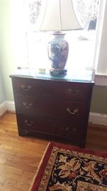 Antique Chest and Hand Painted French Style Lamp