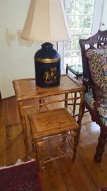 Pair of Bamboo Stack Tables and a Pair of Tole Tea Canister Lamps