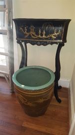 Large Asian Planter and Tole Planter on Stand