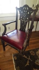 Chinese Chippendale Arm Chair w/ Red Leather Seat