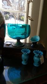 Mid Century Aqua Bowl with Silver Base