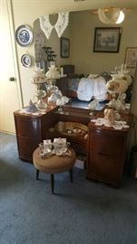 Vintage dresser/vanity and dresser, foot stool, lamps, dresser sets, and more.