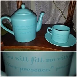 Dayspring teapot, cup, and saucer. Inspirational with bible verse (Psalm)