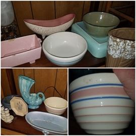 Pottery including McCoy pink/blue ribbed bowl and much more!