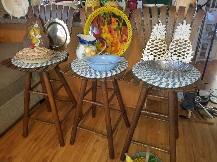 Swivel bar stools, Cherry Blossom Delphite blue bowl, pineapples, covered ceramic pie plate, and more.
