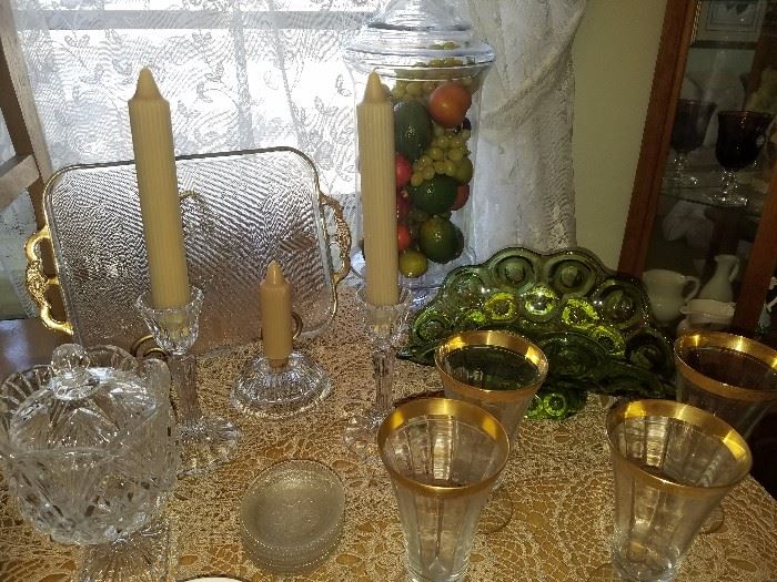 Green Moon & Stars banana bowl, gold trimmed glass including harp platter and harp coasters, and other crystal/cut glass.