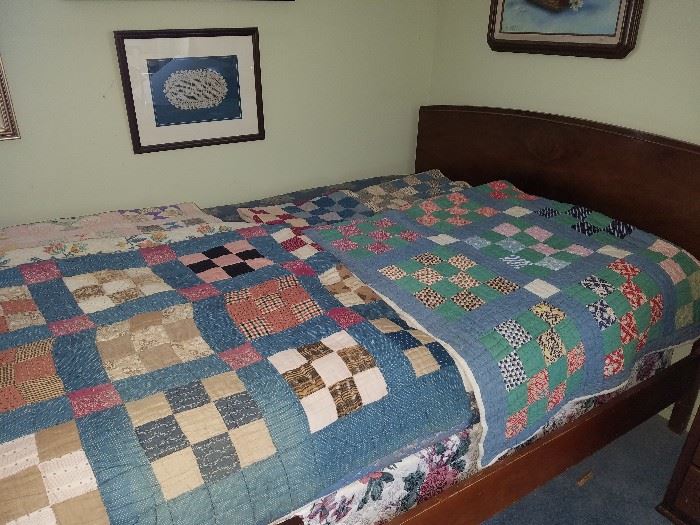 Vintage full size bed (bedroom suit available) and handmade quilts