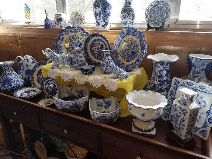 Blue and White vases, plates, bowls, and other décor.