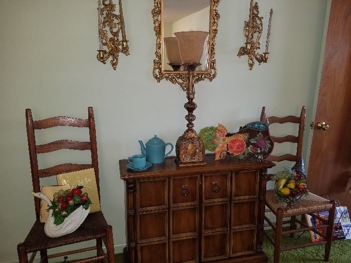 Ladder back chairs, console table, mirror, table lamp, Dayspring teapot & cup/saucer, Vivre by Tracy Porter chip & dip, and more!