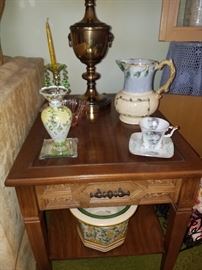 Two of two matching end tables, the other matching brass table lamp, decorative cup/saucer, Tracy Porter glass vase, & more