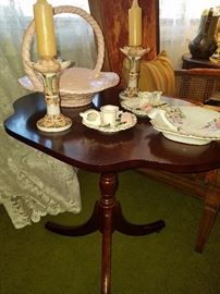 Beautiful accent table, Lefton chamber candlesticks, Nippon lemon plate, ceramic basket, & matching candlesticks.  