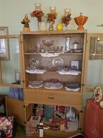 Retro china cabinet (matching table/chairs & buffet), collectible glassware, cookbooks, & more.