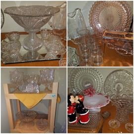 cut glass platters including pink Waterford Waffle by Anchor Hocking, Imperial crocheted cake plate, punch bowl, American by Fostoria vase, large kissing Japan salt & pepper shakers, Stars & Bars bowls and candy dish, crystal, & more.
