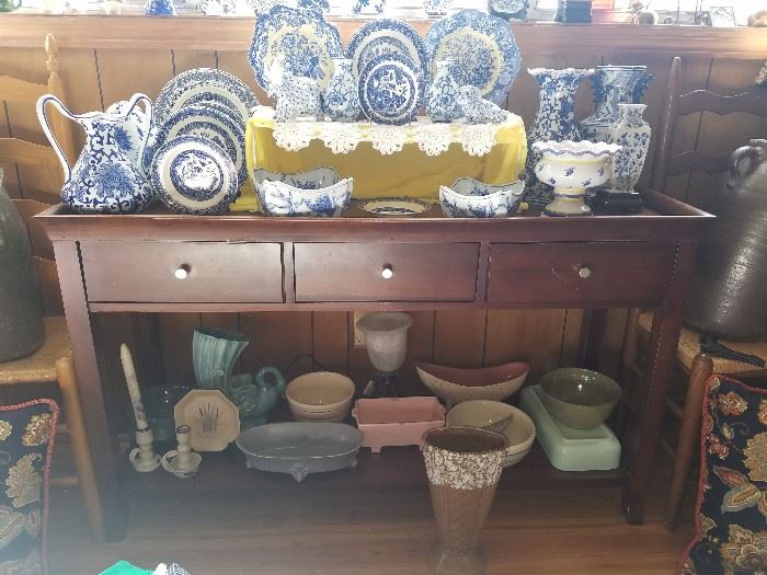 Broyhill sofa table, Blue Willow, Andrea by Sadak, pottery, and more!