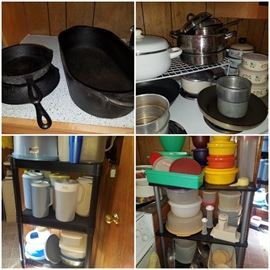 Cast iron skillets & roaster, pots/pans, Tupperware, & other plastic ware. 