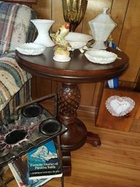 Pineapple base mahogany table, art deco floor ashtray, milk glass, bird figurines, and more.