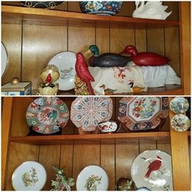 Bird décor including decorative plates, figurines, and more. Duck decoys. 
