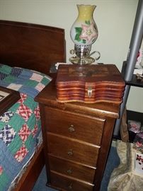 Bedside table, bible box, table lamp