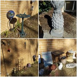Yard art including shepherd's hooks, concrete pineapple, bird bath, gazing ball, & more.