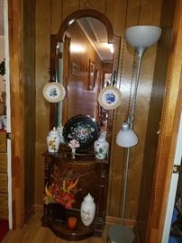 Hall tree with mirror, Towle tray, ginger jars, decorative plates, & more. (Lamp for display only)