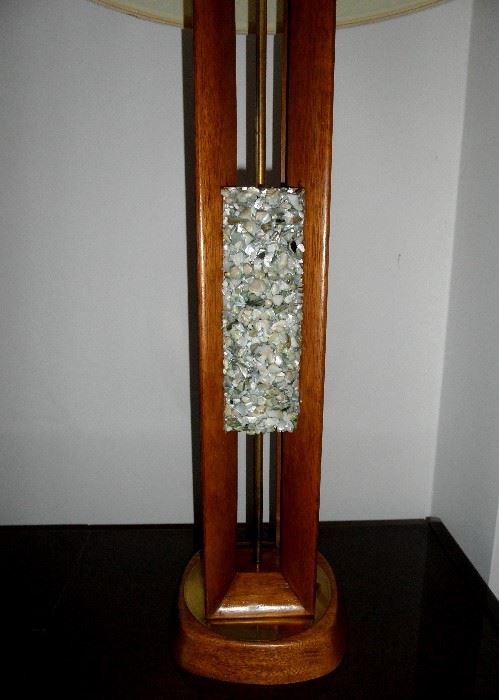 Tall Mid Century Modern walnut lamp (with abalone chips detail).  Very nice condition.