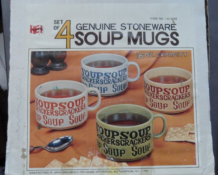 Vintage stoneware soup mugs, new in original box.