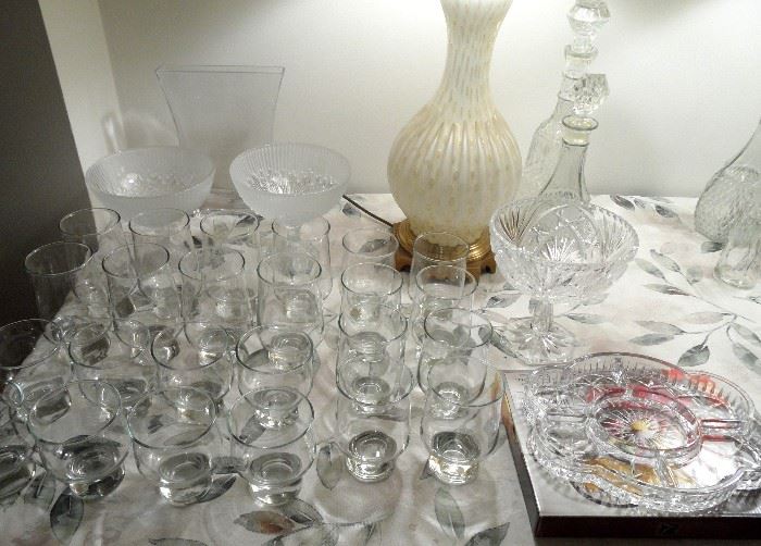 Footed crystal compotes, Poland.  New barware, cut crystal fruit bowl, 5-part relish/candy dish, Portugal, decanters.