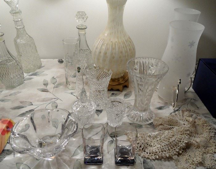 Waterford bud vase and flower vase, Party Lite hurricane candle holders, misc. crystal and glassware.