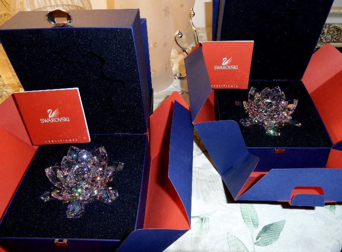Pair of Swarovski Crystal, Water Lily (large size), candle holders.  Brand new in original boxes!