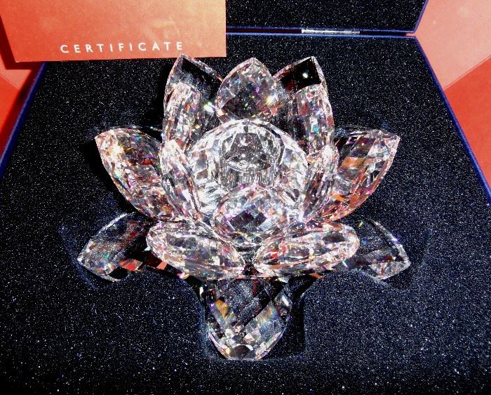 Pair of Swarovski Crystal, Water Lily (large size), candle holders.  Brand new in original boxes!
