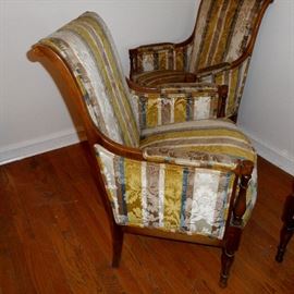 Four upholstered high-back arm chairs with solid wood frames.  Custom made by Loeblein Creations.