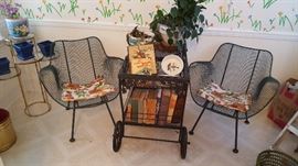 Mid Century Woodard Sculptura Iron Chairs & Beverage Cart