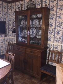 wonderful lead glass china hutch, chairs, china and accessories all for sale
