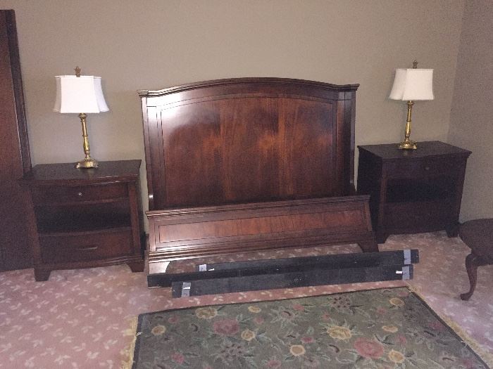 Queen bed frame and mattress set, bedside tables and area rug asking $160 for headboard