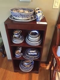 Vintage Blue Willow from Wedgwood and others sitting on a beautiful mahogany shelf.  Shelf measures 18"w x 9.5"d  x 39.5"h asking $80