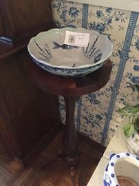 Vintage washstand with Asian blue and white bowl asking $90