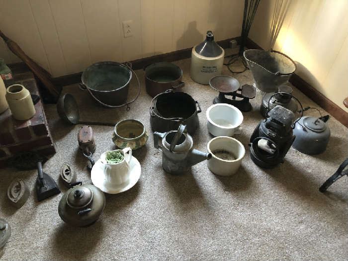 Oil Lamps, Kettles, Crocks, Jugs, Copper, Irons, Laddles and more!