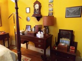 1940's mahogany desk (by Bigg's Furniture Co., Richmond, VA) salesman's sample mahogany dresser, vintage oak wall clock. 