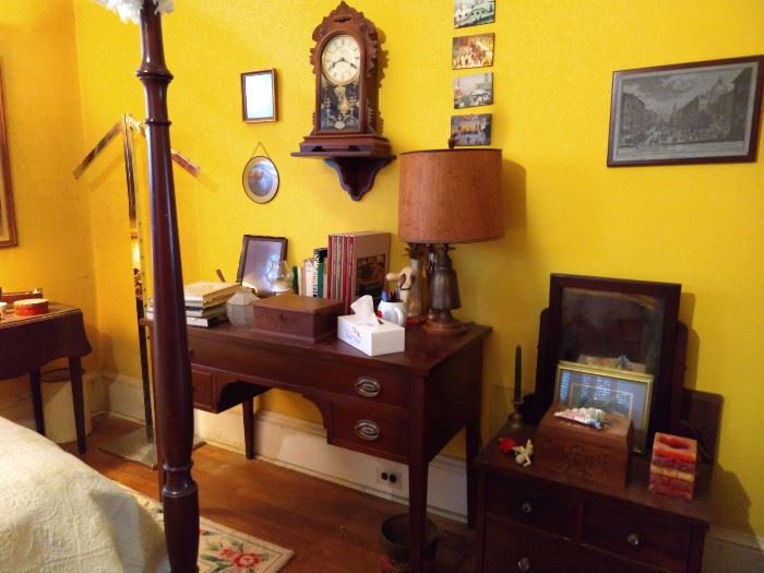 1940's mahogany desk (by Bigg's Furniture Co., Richmond, VA) salesman's sample mahogany dresser, vintage oak wall clock.